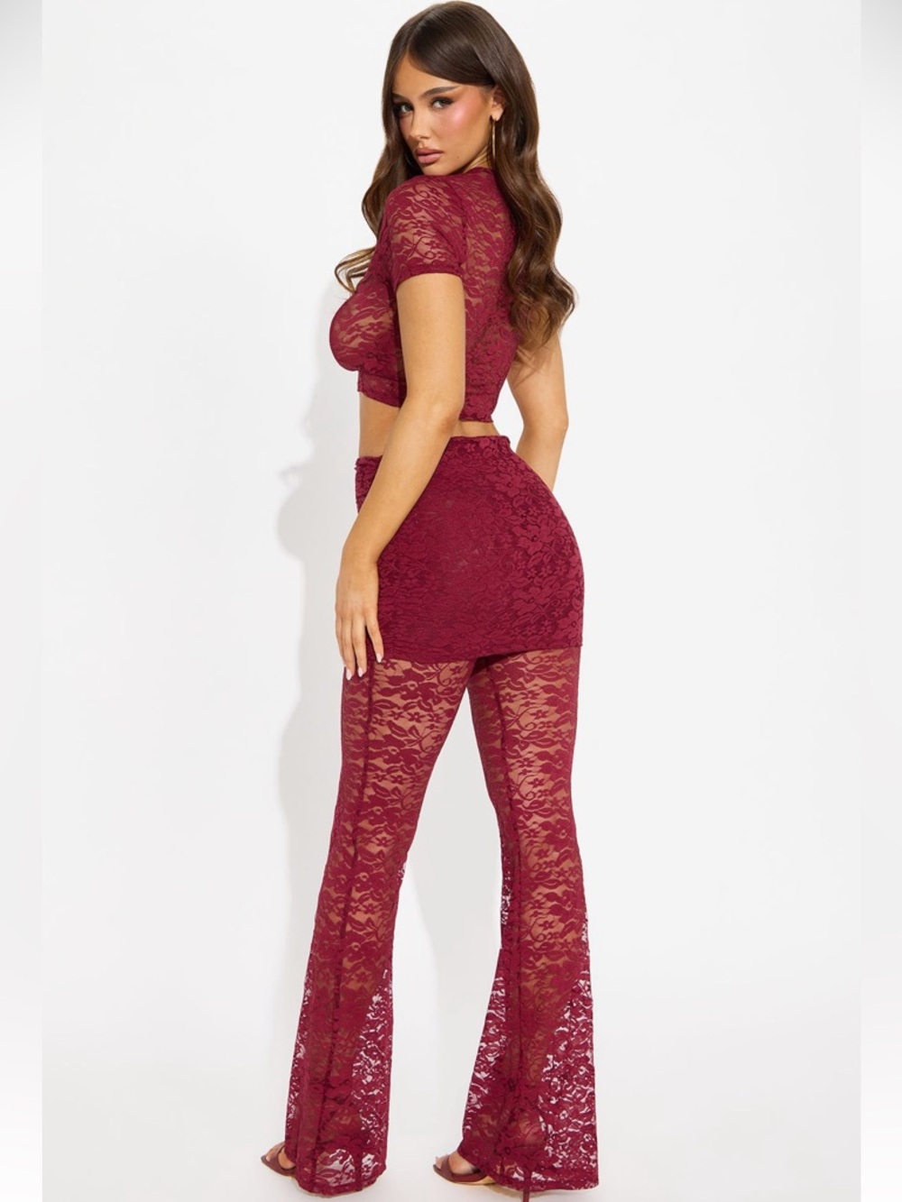 Dolls Two Piece Night Out Burgundy Lace Top & Flared Pants Set - Fashion Nova